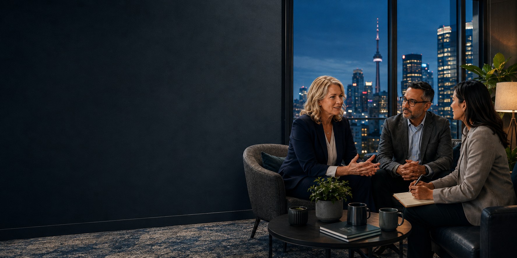 Three professionals in conversation in a Toronto office at dusk, the city skyline behind them.